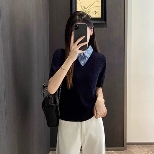 EGG 女 SLY巴恩风100%细支半精纺羊毛POLO梭织格子领假两件针织衫