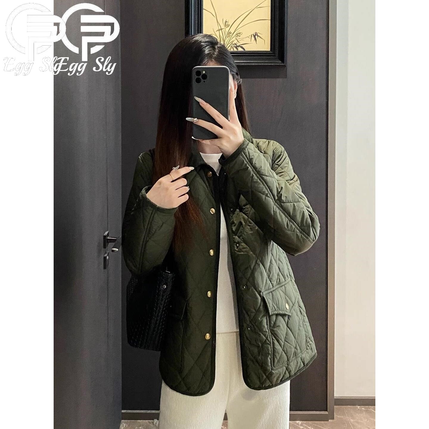 EGG SLY复古灯芯绒菱格棉服翻领小马刺绣直筒短棉衣夹克外套女