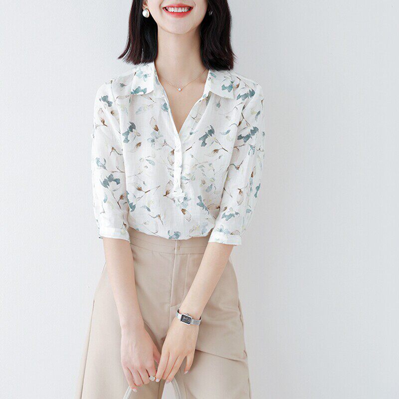 EGG SLY高雅出众 水墨枝头印花衬衫女夏季 天丝苎麻宽松显瘦衬衣