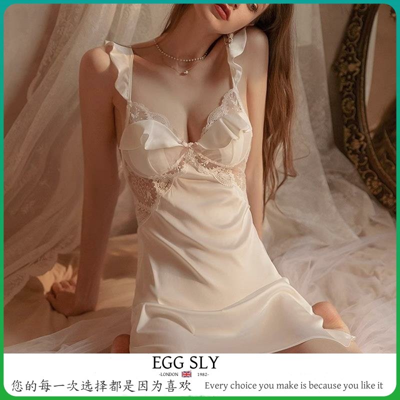 EGG SLY性感女睡衣夏款冰丝薄款带胸垫纯欲风小胸吊带睡裙蕾丝高