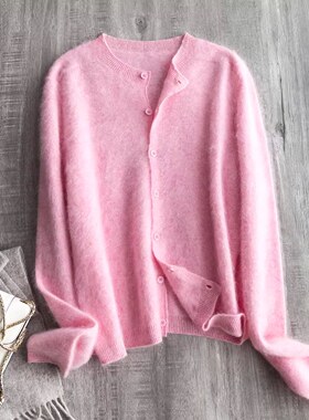 EGG SLY反季 羊毛山羊绒26支双股纱圆领无缝针织开衫毛衣外套女