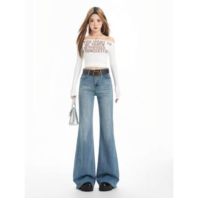 EGG SLY美式复古高腰微喇牛仔裤女春季宽松显瘦不贴腿喇叭裤子