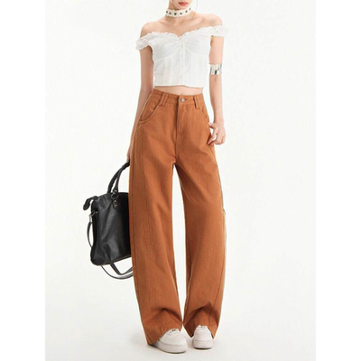 EGG SLY美式橘色阔腿牛仔裤女春秋廓形松弛感休闲宽松弯刀裤子