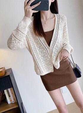 EGG SLY法式小香风女士纯棉镂空针织开衫短款小外套空调衫春夏款