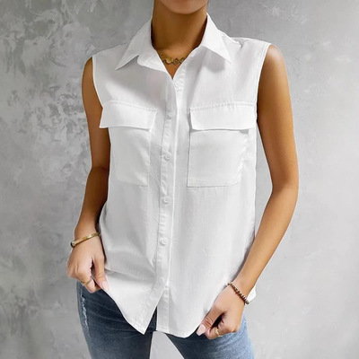 Solid color lapel cardigan sleeveless top 纯色翻领无袖上衣女