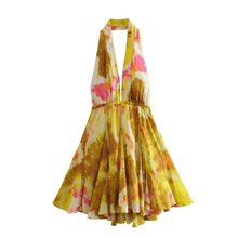 Yellow printed short neckline dress黄印花女士短款挂脖连衣裙