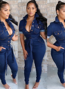 Collar Short Sleeve Buttons Bodycon Denim Jumpsuit Overalls