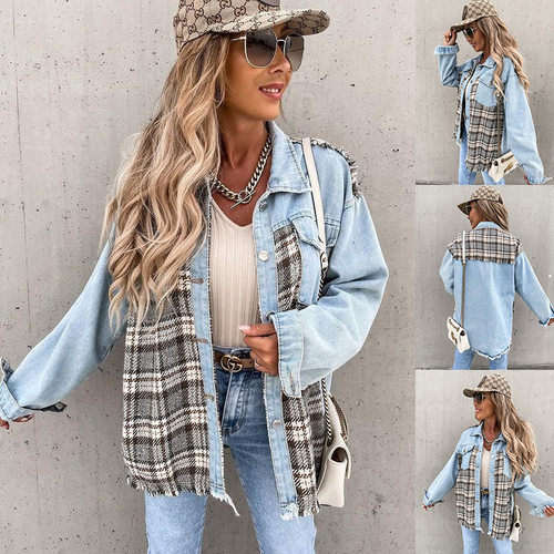 Checkered collar long sleeved shirt 女士格子翻领长袖开衫上衣