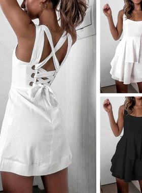 Bandage Cross Lace Up Short White Party Dress Plus Size裙子