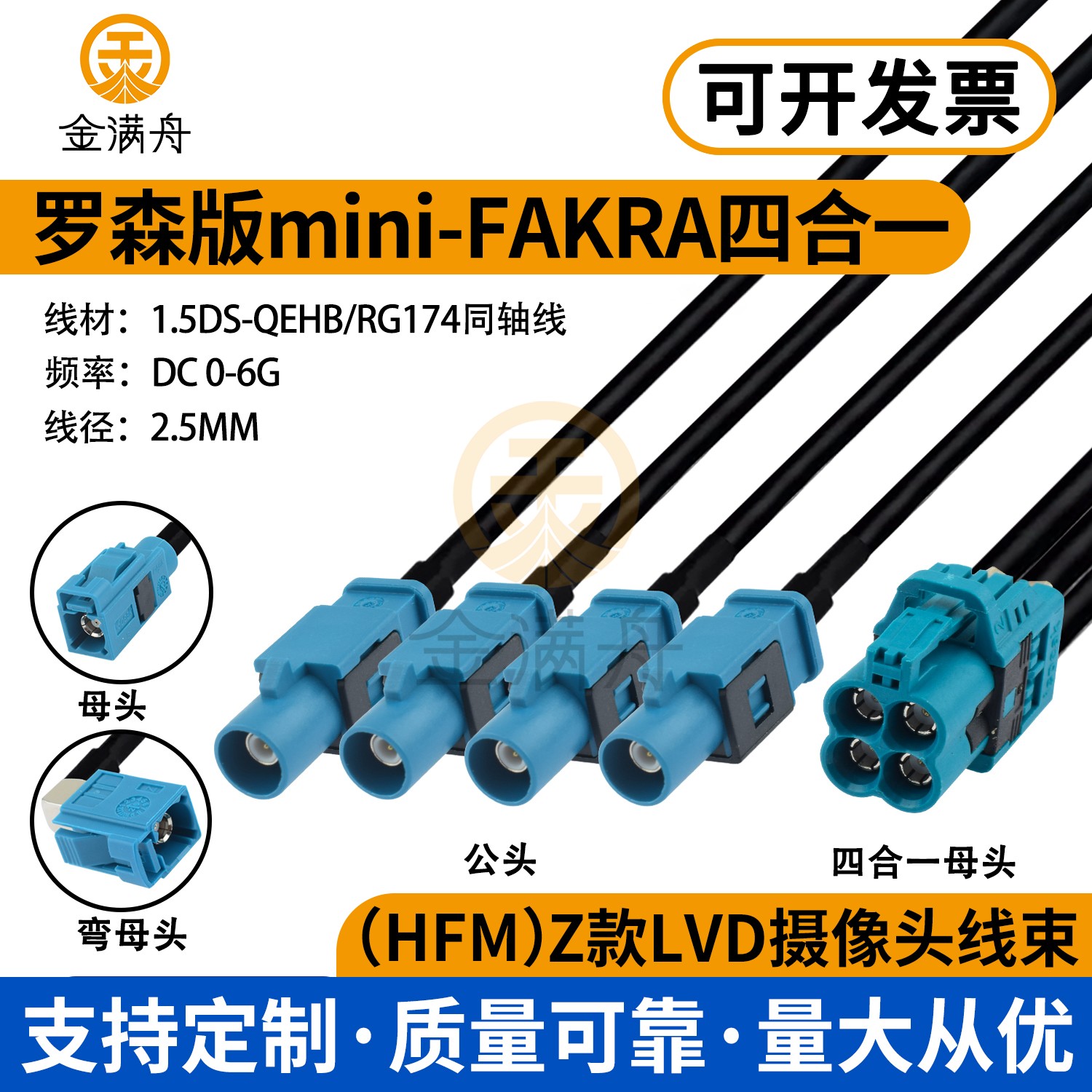 罗森版miniFAKRA四合一转FAKRA公头AMK12D-1M4Z5-Z工业相机GMLS线