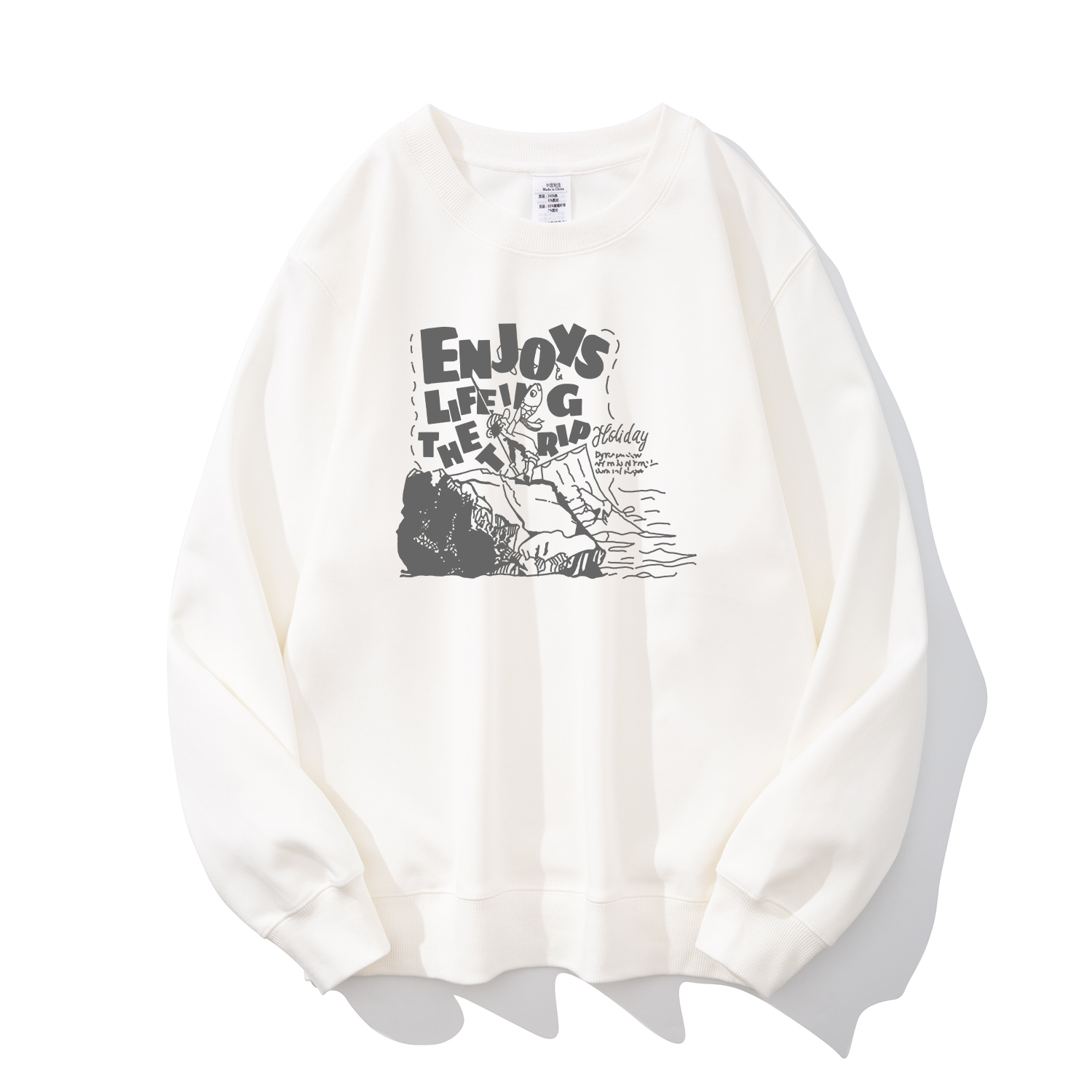 钓鱼少年复古印花白色圆领卫衣男秋冬季宽松休闲厚款内搭加绒上衣