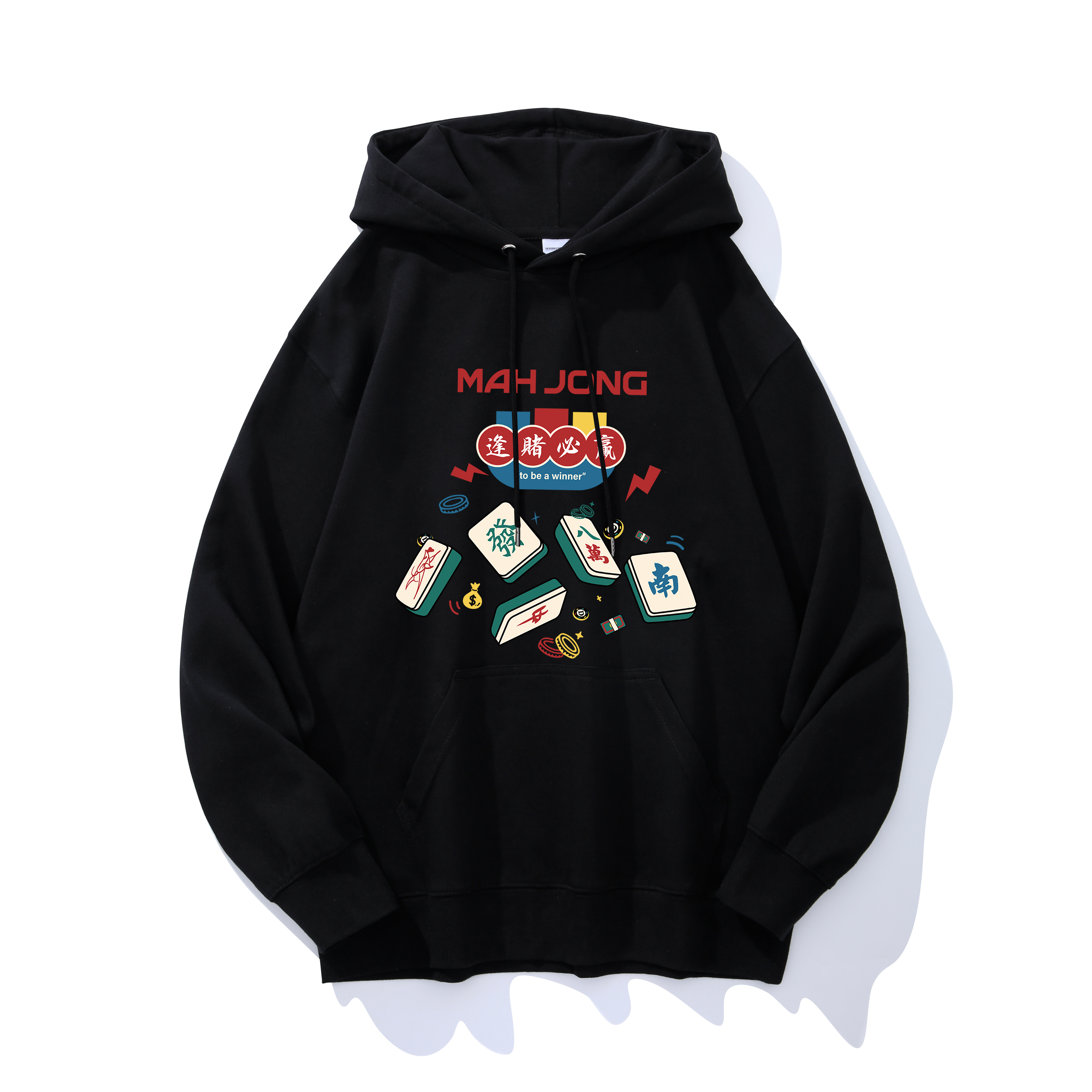 国潮文字印花麻将连帽卫衣男战袍