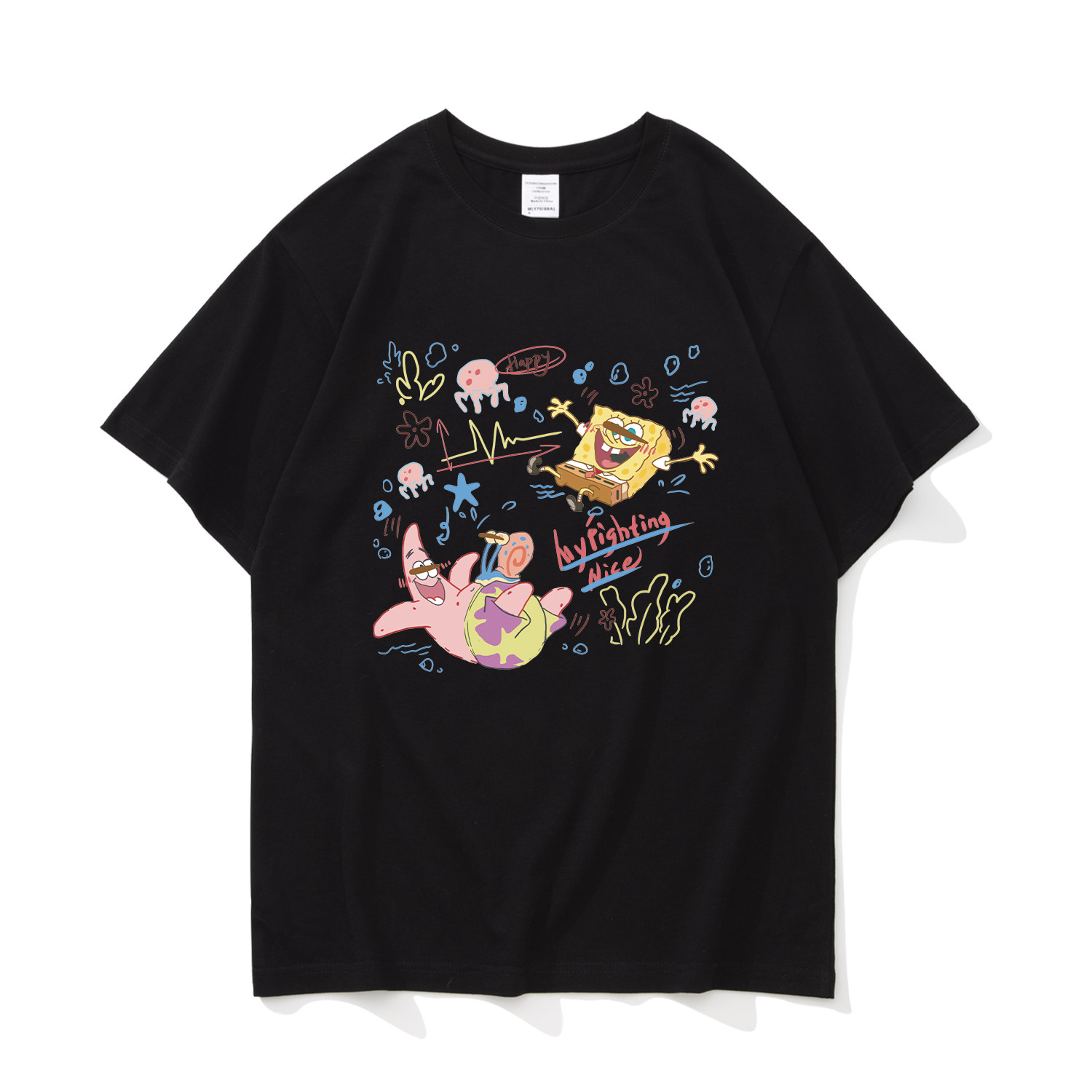 纯棉卡通海绵宝宝短袖T恤情侣款夏季潮流宽松上衣男半截袖t恤衫