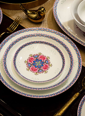 景德镇玲珑瓷餐具套装中式碗盘陶瓷家用碗筷碟高端礼品珐琅彩