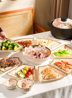 北欧山茶花拼盘组合陶瓷餐具团圆年夜饭聚餐盘过年送礼餐具套装