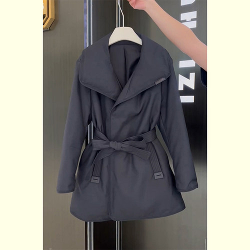 黑色系带收腰加厚保暖羽绒棉外套