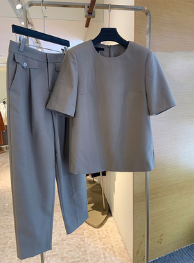 高知时尚干练气质女装套装通勤职业休闲灰色短袖上衣西装裤两件套