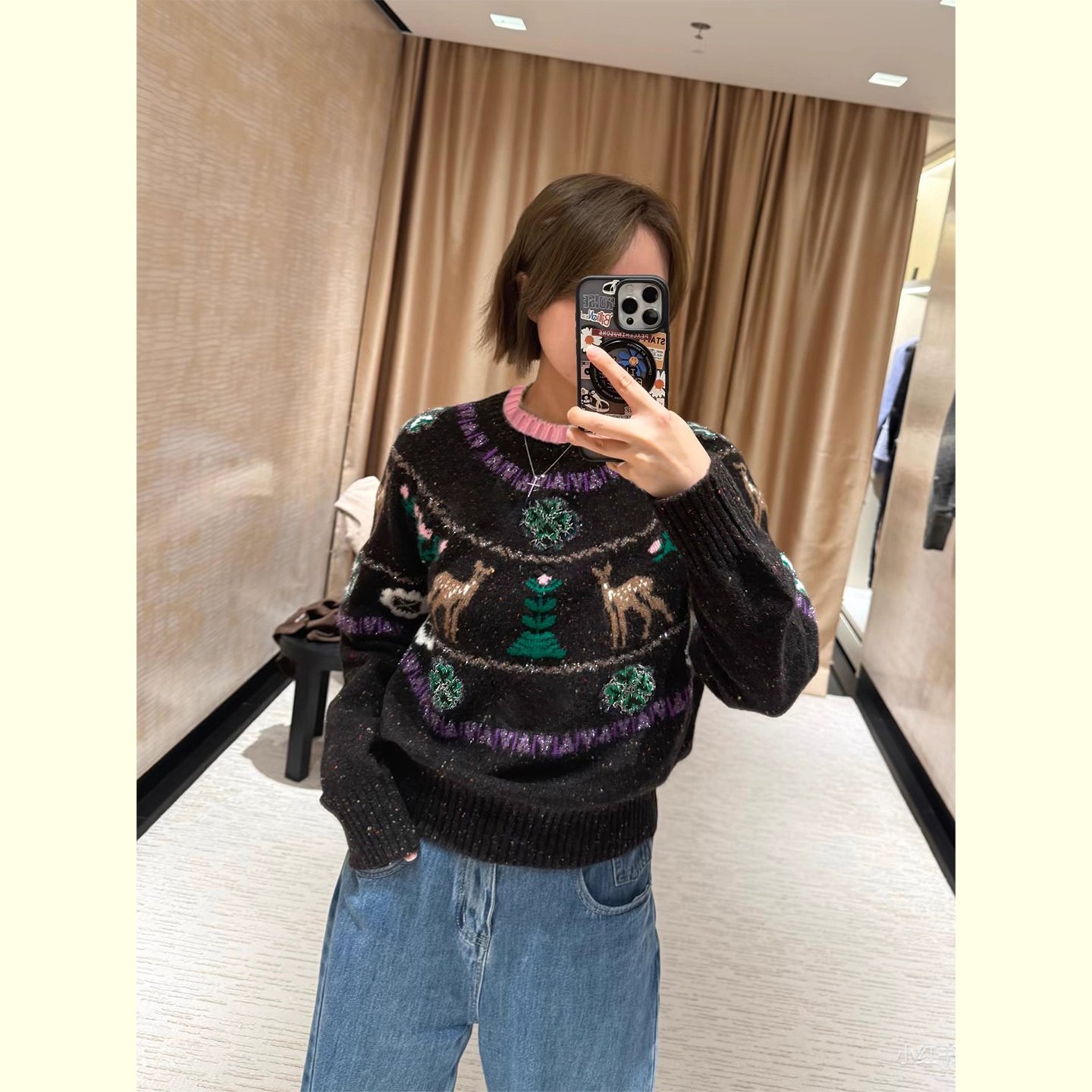 复古小鹿提花套头毛衣女2025秋季