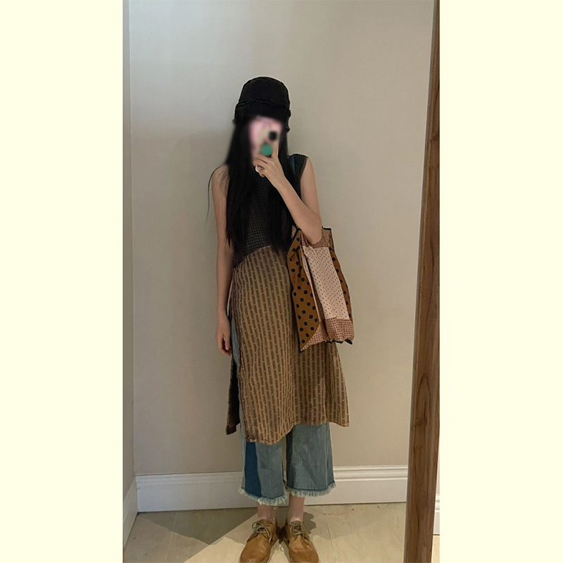 欧货时尚套装女夏2025新款网红炸街拼接无袖上衣直筒牛仔裤两件套