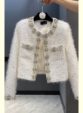 小香风重工镶钻短款外套女2025年新款高级感白色名媛富家千金上衣