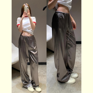 丝滑缎面直筒裤女2026早春新款超酷风宽松显瘦垂感拖地休闲长裤子