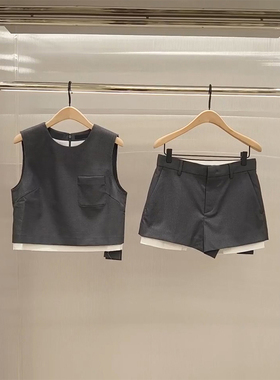 小个子穿搭一整套女夏季高级感假两件减龄灰色背心阔腿短裤两件套