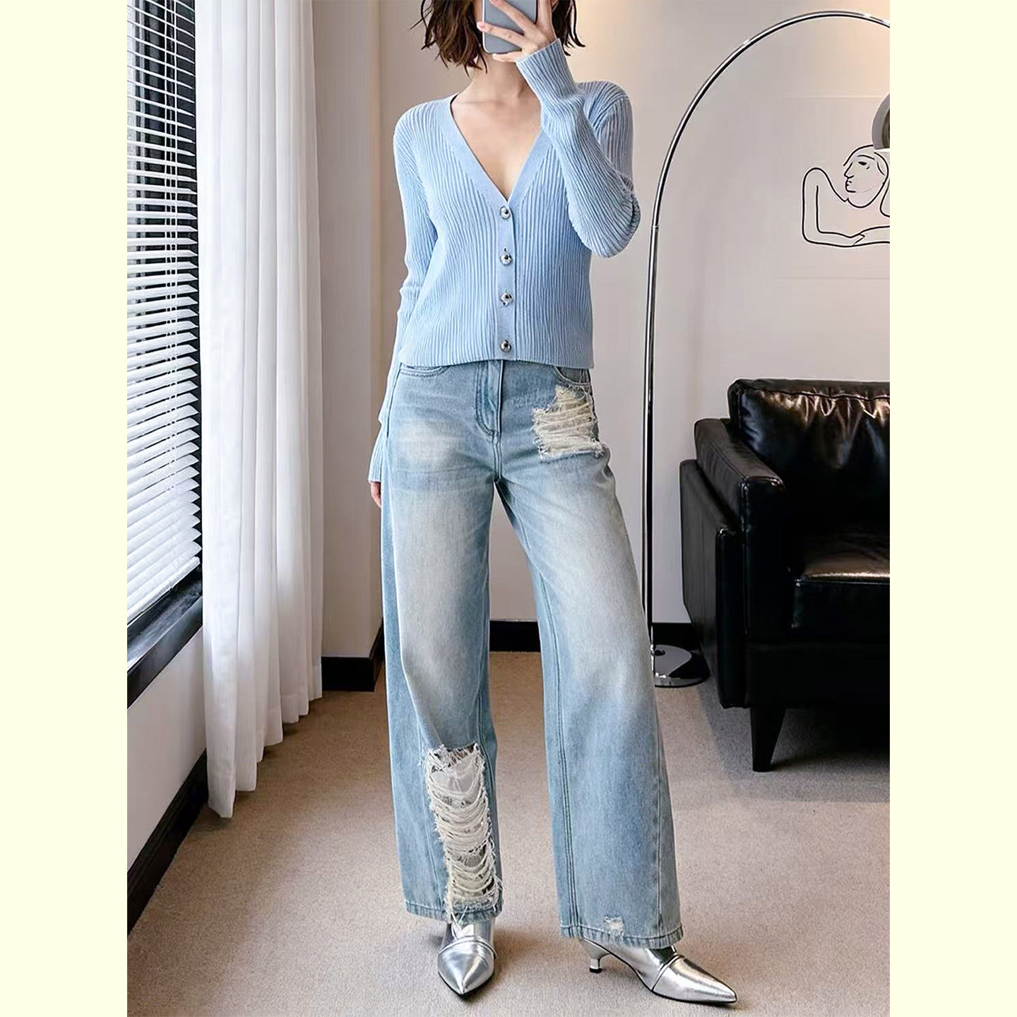 复古做旧牛仔裤女春季新款浅色磨毛破洞阔腿长裤高腰显瘦直筒裤子,女装/女士精品,牛仔裤,淘宝优惠券,粉丝福利购,淘宝优惠卷