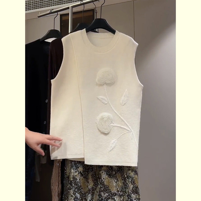 白色立体花朵装饰针织马甲女2025