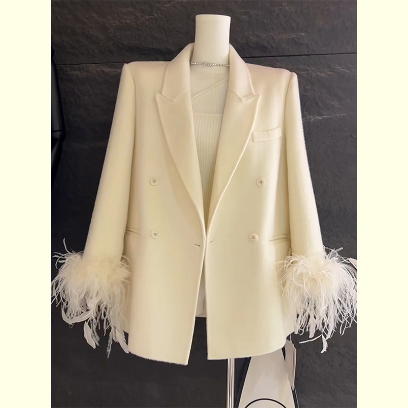 高级感鸵鸟毛拼接双面呢西装外套