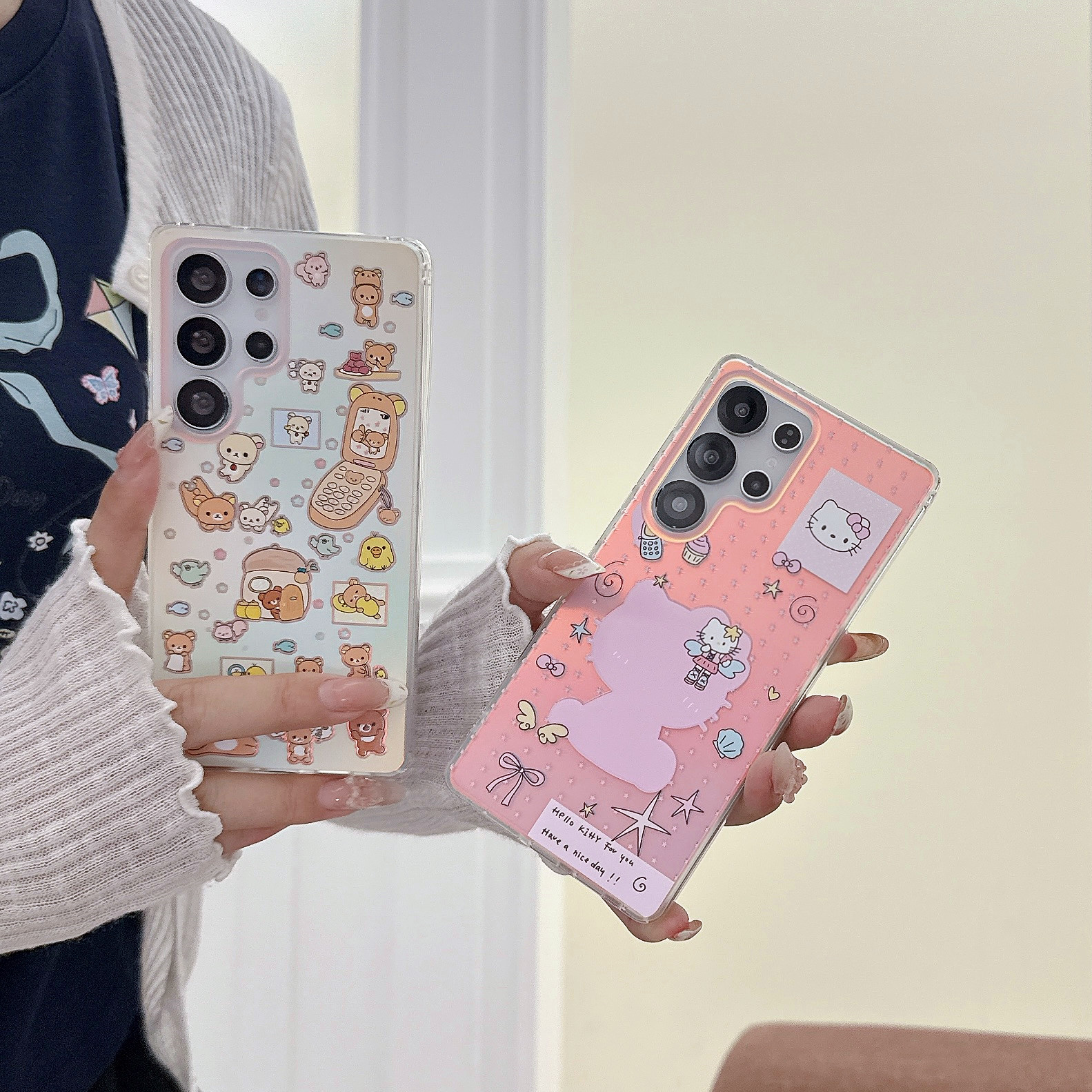 创意镭射卡通蝴蝶结KT猫适用三星GalaxyS25Ultra手机壳S24/S24FE可爱少女心A05/A15/23全包A52/A54/A55保护套