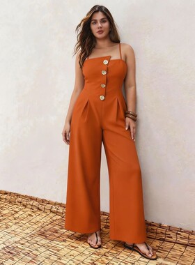 街头风抹胸连体裤女夏橙色纽扣装饰收腰修身度假风长裤女jumpsuit