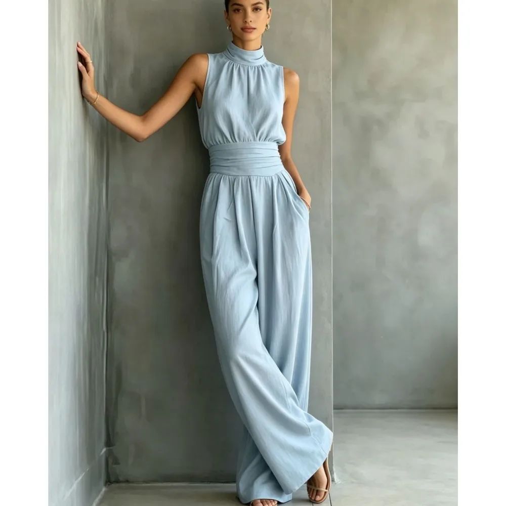 无袖半高领阔腿连体裤女士夏季休闲长裤 Ladies' casual jumpsuit