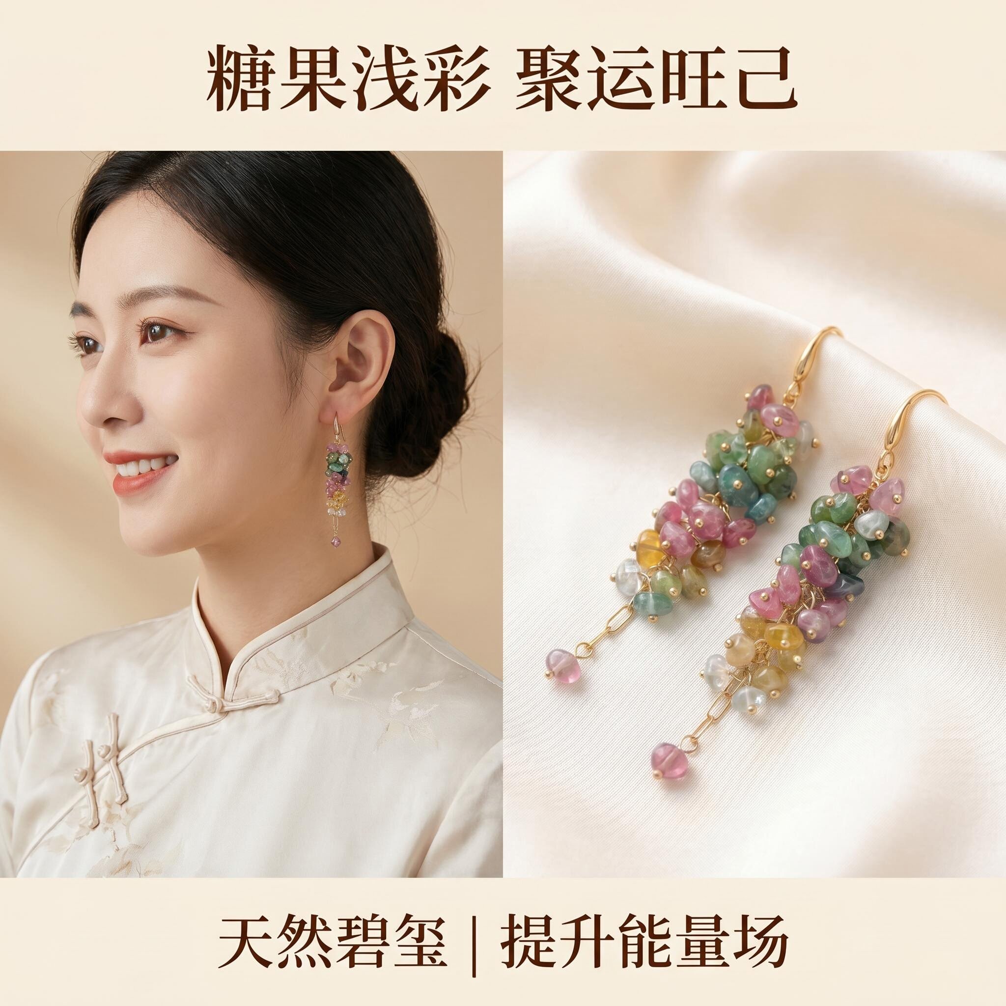 天然浅彩糖果碧玺流苏耳环女防过敏显脸耳坠新中式仙气彩宝耳饰新