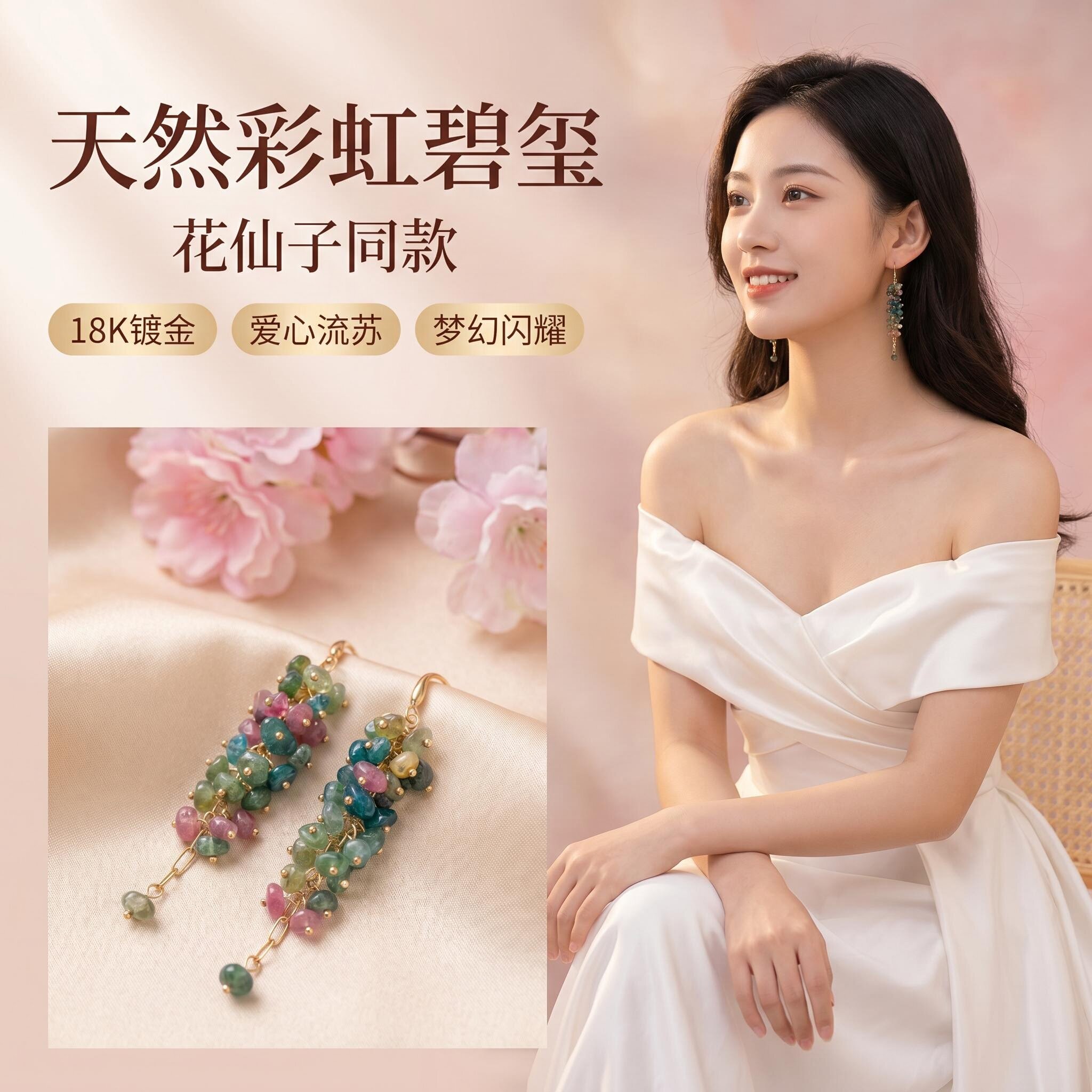 天然深彩碧玺花仙子同款流苏耳环