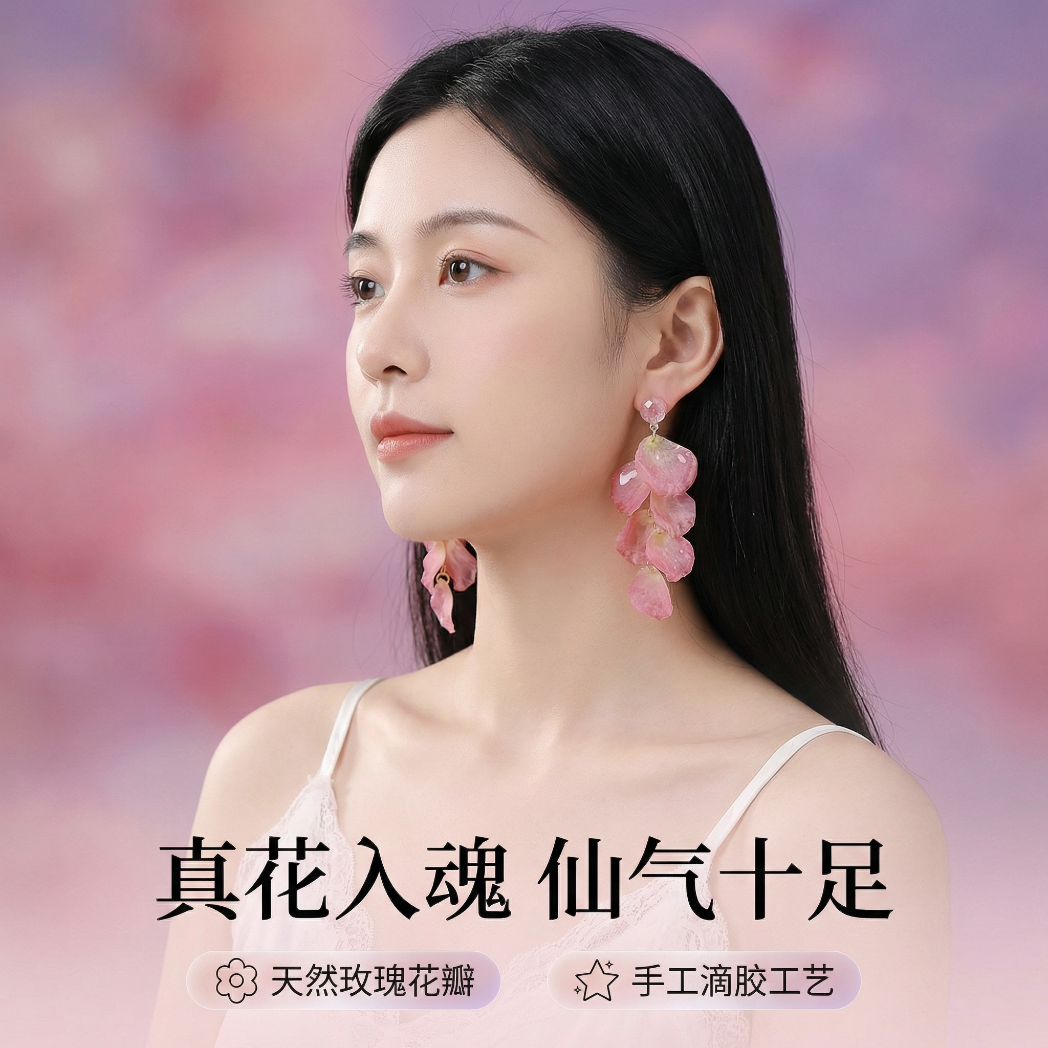 原创设计法式花瓣流苏耳环轻奢文艺森系粉红色鲜花新款高级女耳饰