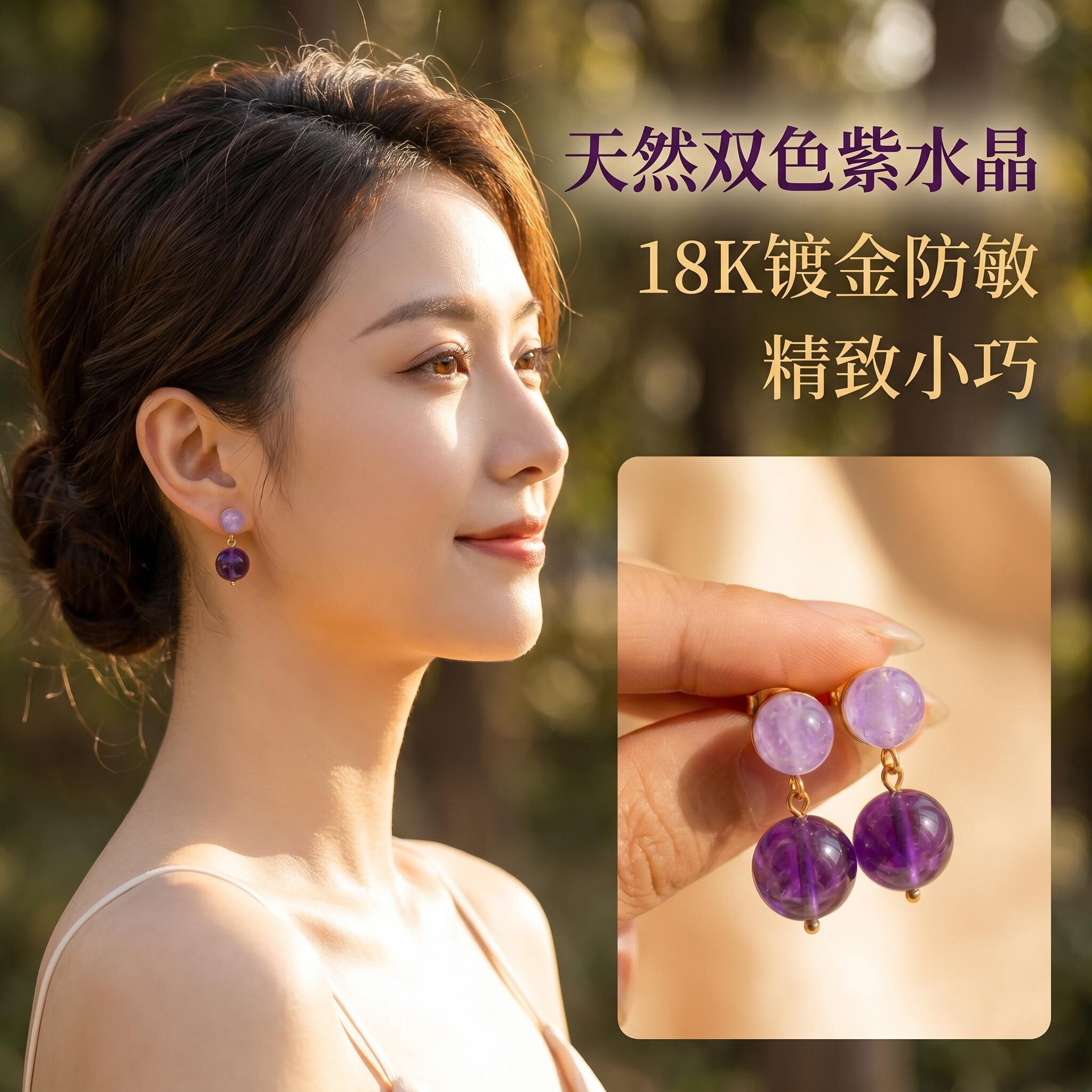 SICA天然紫水晶18K镀金耳钉