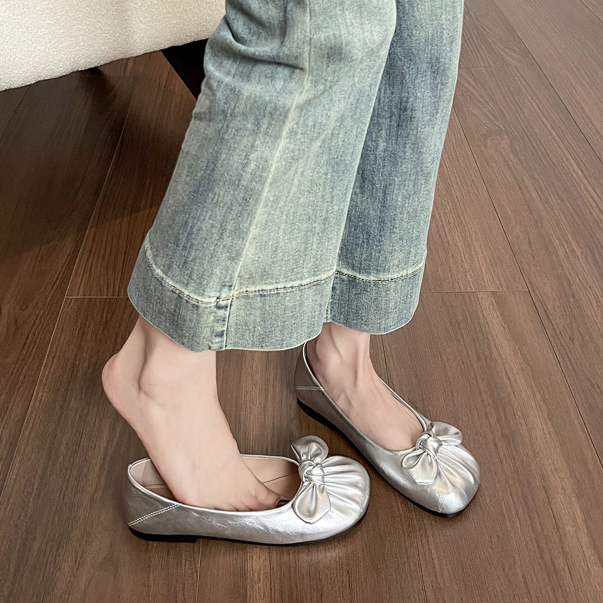 蝴蝶结芭蕾单鞋女浅口平底法式银色一脚蹬豆豆鞋春季新款圆头女鞋,女鞋,浅口单鞋,淘宝优惠券,粉丝福利购,淘宝优惠卷