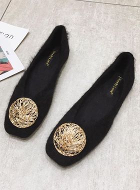 2025年秋冬季保暖毛毛鞋女韩版外穿方头平底鞋黑色加绒轻便豆豆鞋