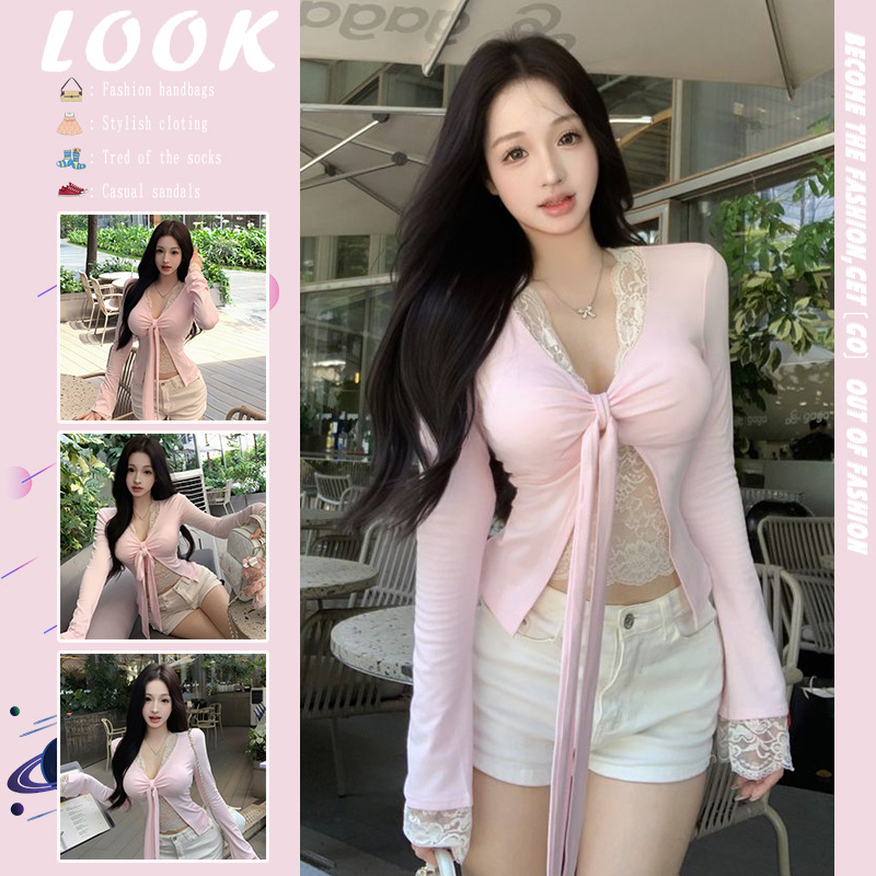 纯欲V领蕾丝拼接长袖打底T恤女小众飘带开叉设计感带胸垫辣妹