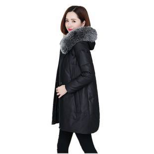 爆款水洗皮加厚连帽宽松棉服女长袖皮衣外套大毛领黑色冬季新款潮