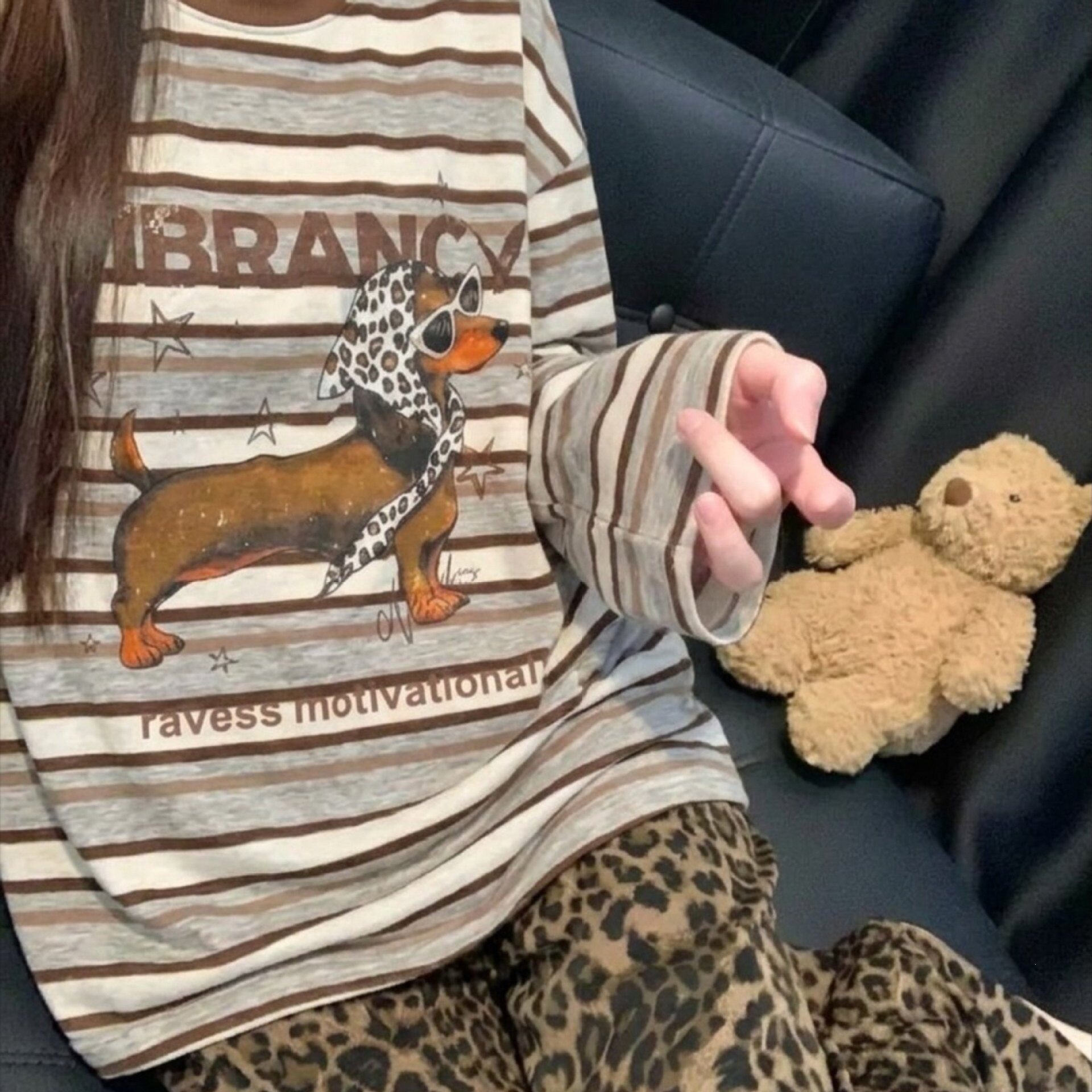 豹纹小狗长袖秋季女睡衣套装