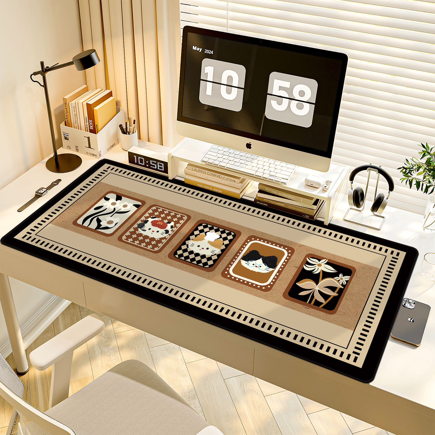 复古拼格小猫鼠标垫办公工位桌垫