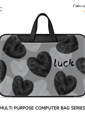 黑色爱心轻奢笔记本电脑包女士16寸macbook电脑手提包学生学习电脑通勤包适用于小新air13华为matebook联想14