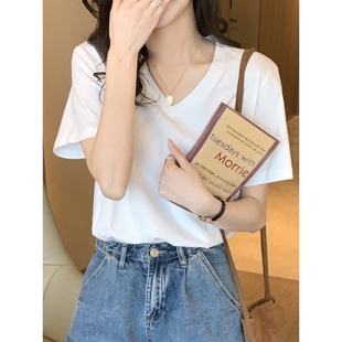 v领t恤女短袖 纯棉正肩鸡心领纯色上衣 白色宽松显瘦2025年夏季 新款