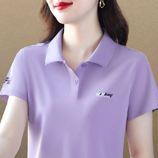 冰丝翻领短袖 t恤女夏季 大码 中年妈妈带领体恤上衣显瘦速干polo衫