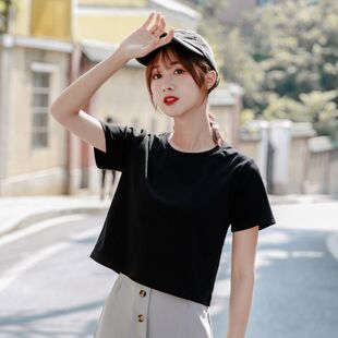 百搭ins露肚脐印花打底衫 夏季 时尚 圆领内搭纯色短袖 上衣 T恤女韩版