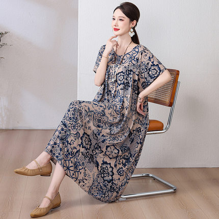 胖mm夏季纯棉绸连衣裙女中长款大码宽松睡裙200斤妈妈睡衣可外穿
