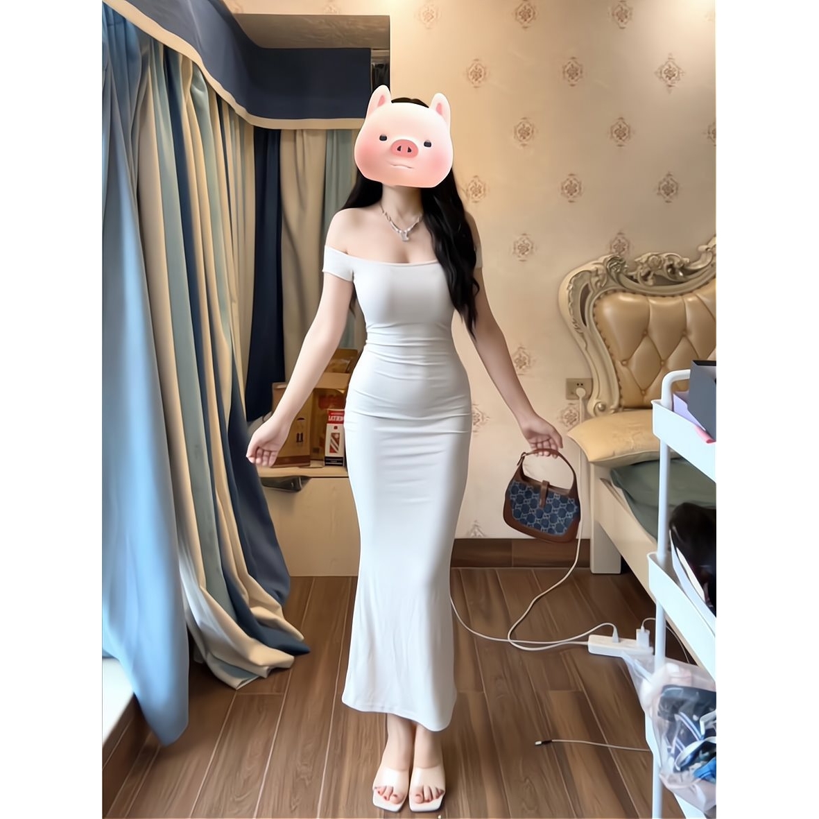 欲风长款一字肩连衣裙女装夏季新款辣妹修身包臀风情万种的裙子