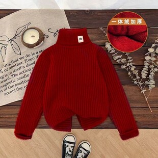不起球男女童加厚一体绒高领毛衣中大儿童加绒保暖打底针织衫百搭