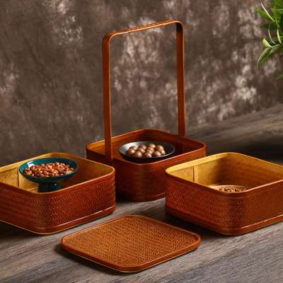 竹编复古多层提盒复古竹篮食盒收纳盒礼盒茶具收纳仿古糕点盒
